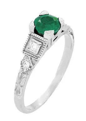 Emerald and Diamond Art Deco Engagement Ring in 18 Karat White Gold