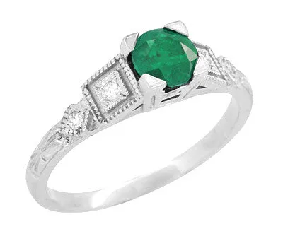Emerald and Diamond Art Deco Engagement Ring in 18 Karat White Gold
