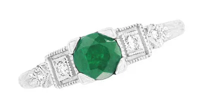 Emerald and Diamond Art Deco Engagement Ring in 18 Karat White Gold