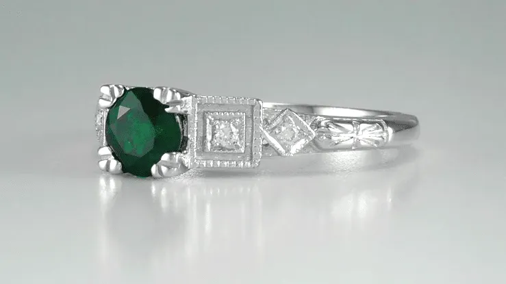 Emerald and Diamond Art Deco Engagement Ring in 18 Karat White Gold