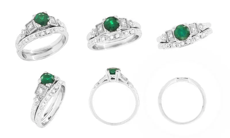 Emerald and Diamond Art Deco Engagement Ring in 18 Karat White Gold