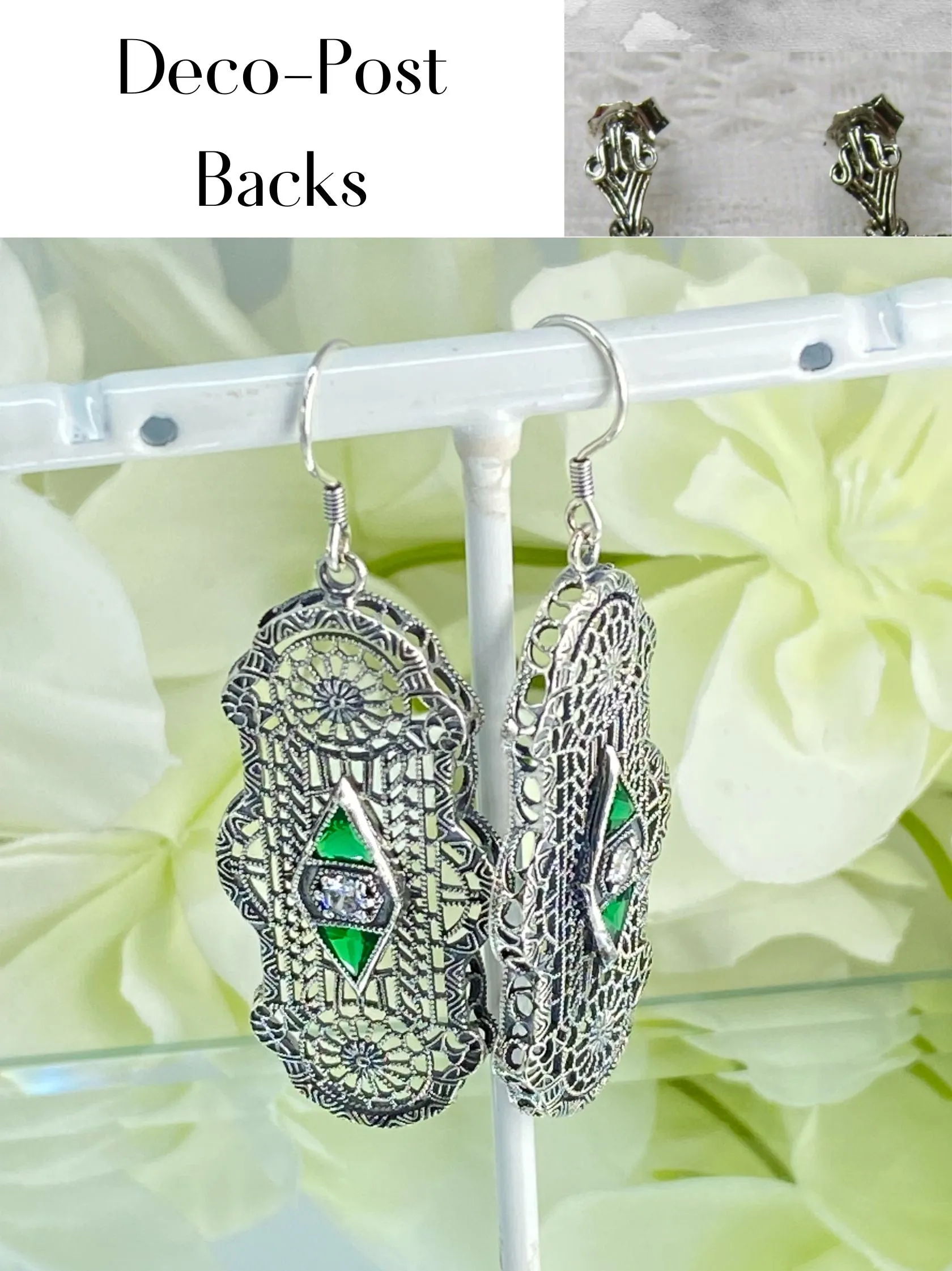 Emerald Earrings, Art Deco 1930's Filigree E60