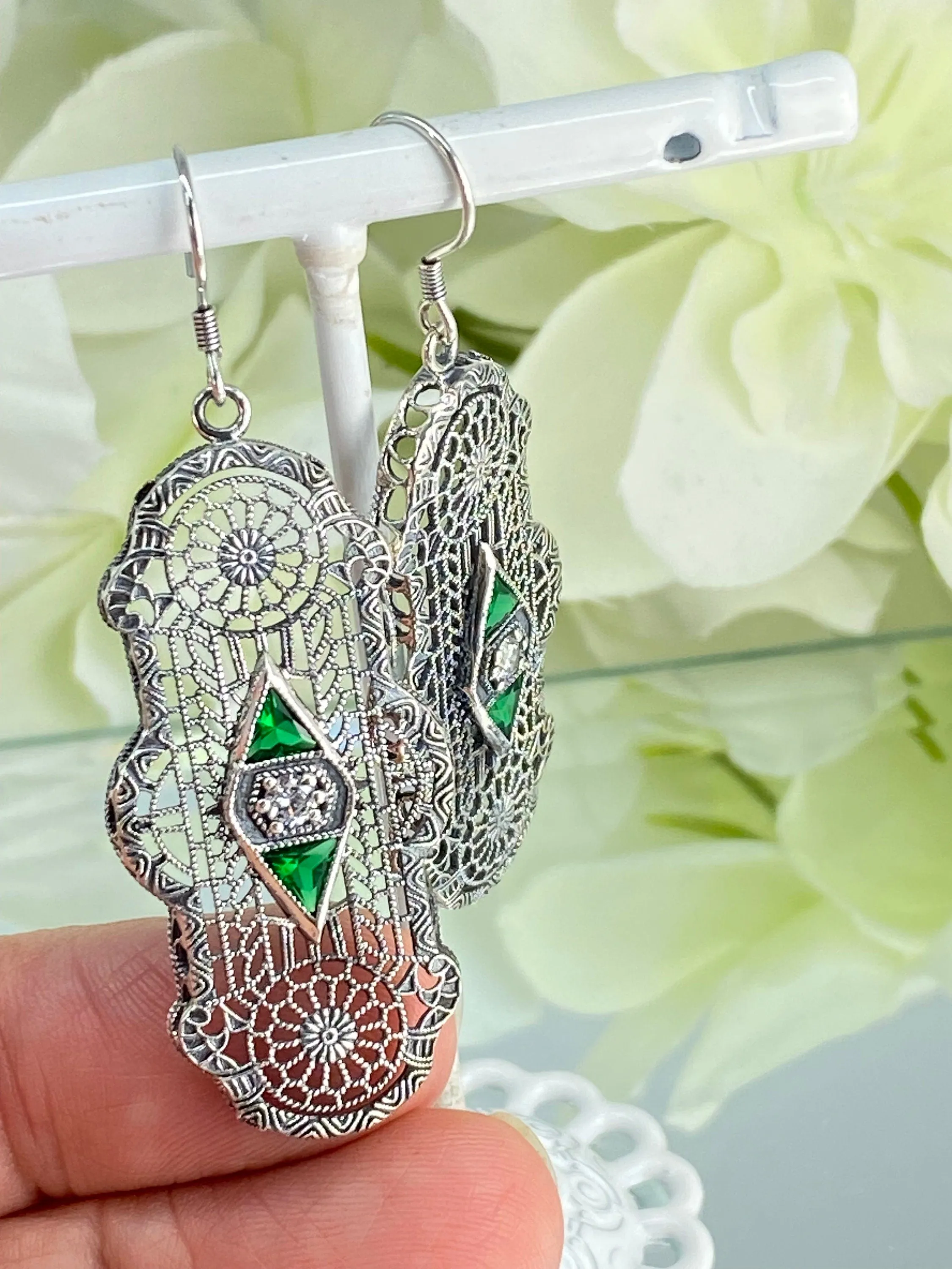 Emerald Earrings, Art Deco 1930's Filigree E60