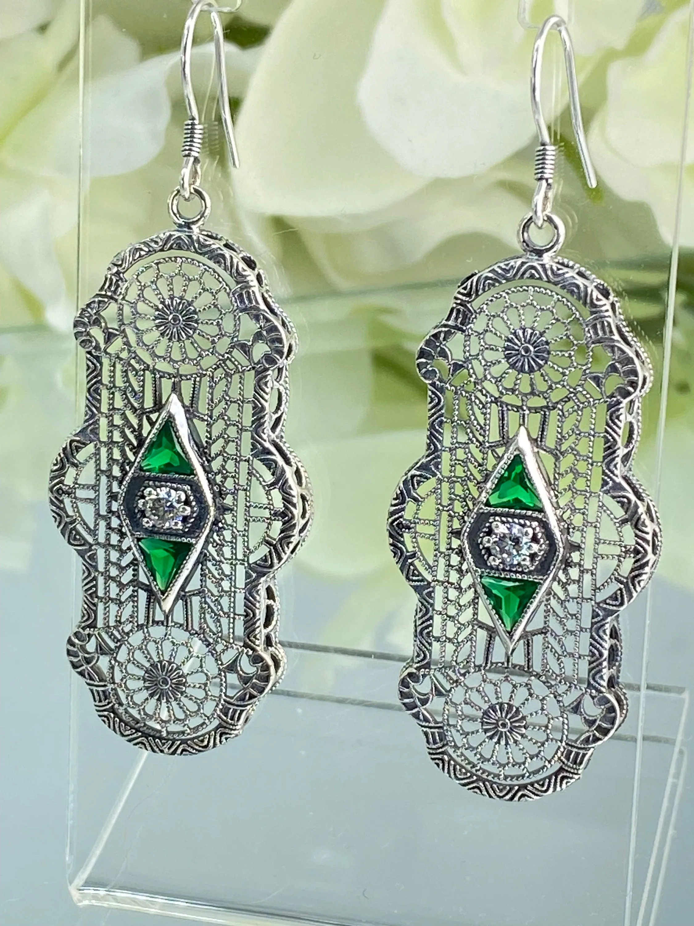 Emerald Earrings, Art Deco 1930's Filigree E60