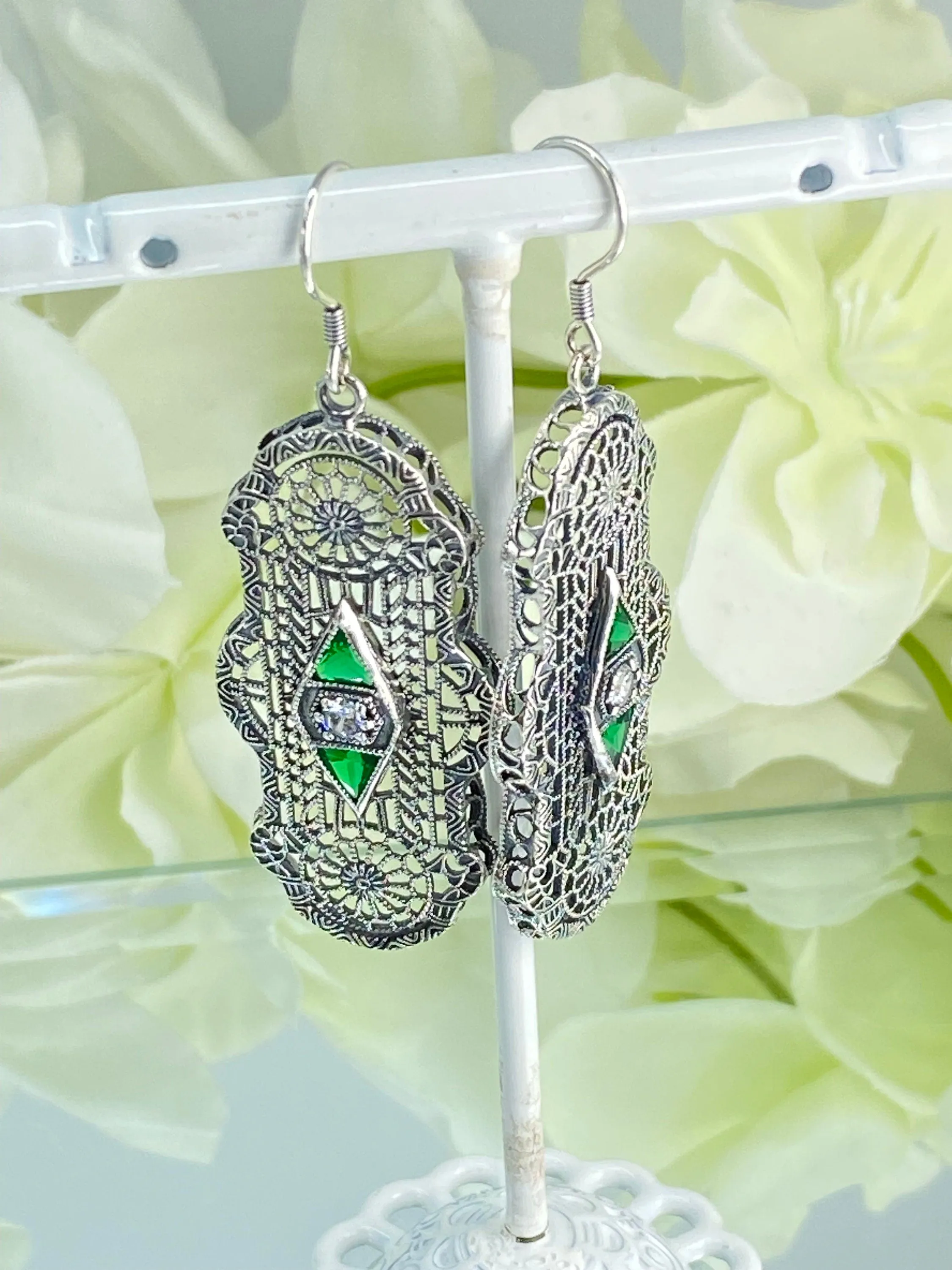 Emerald Earrings, Art Deco 1930's Filigree E60