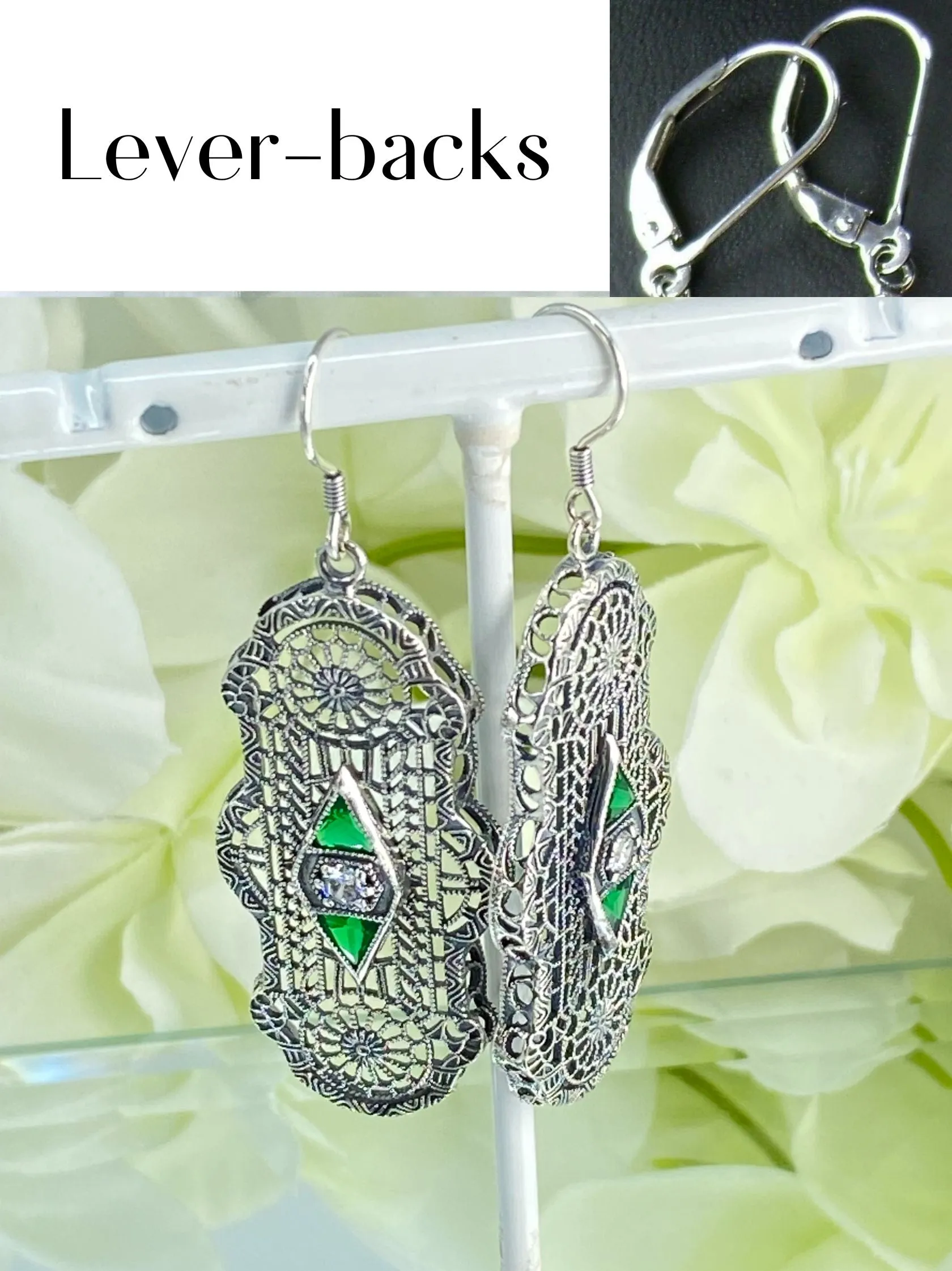 Emerald Earrings, Art Deco 1930's Filigree E60