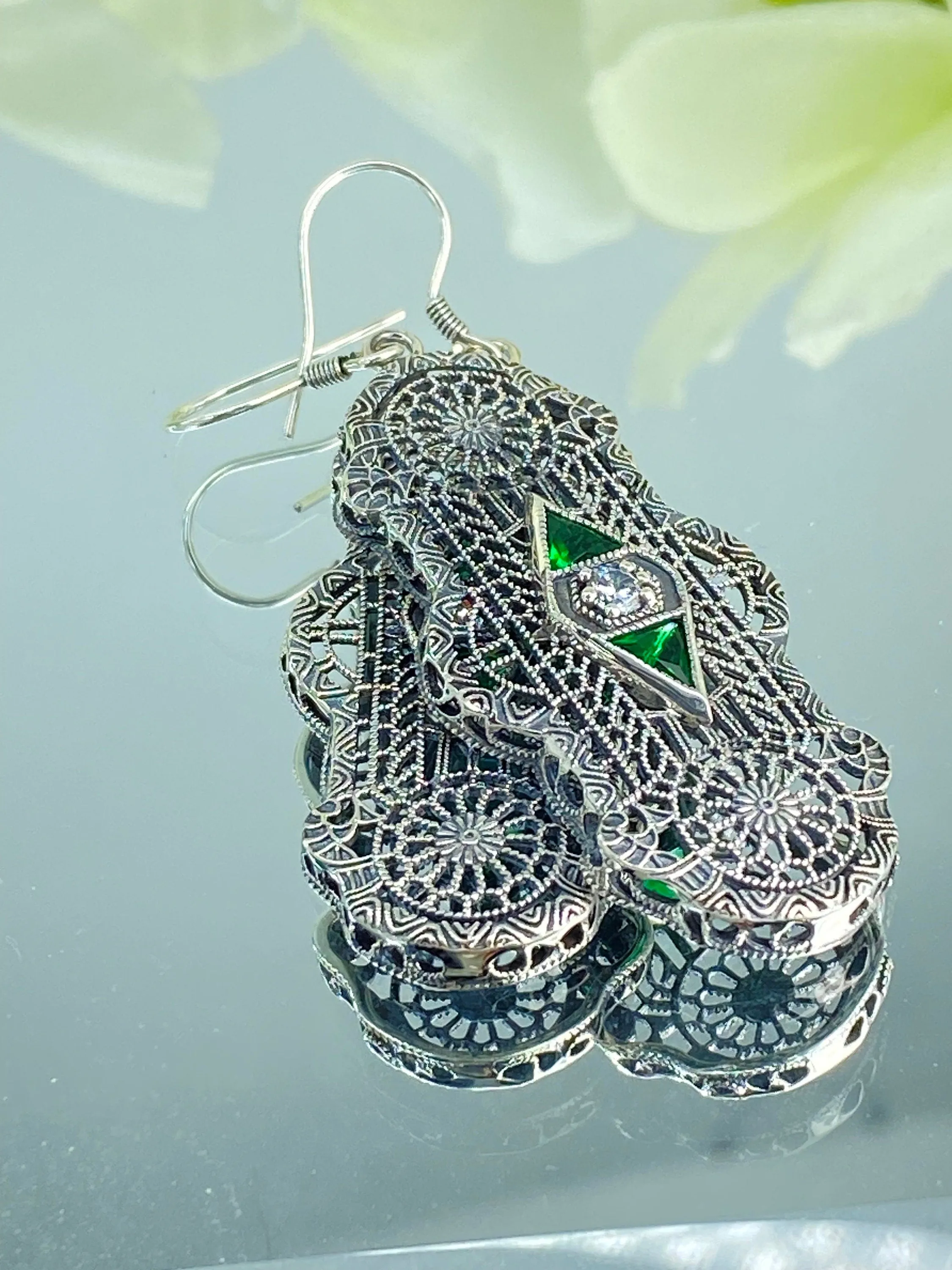 Emerald Earrings, Art Deco 1930's Filigree E60