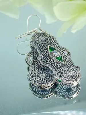 Emerald Earrings, Art Deco 1930's Filigree E60