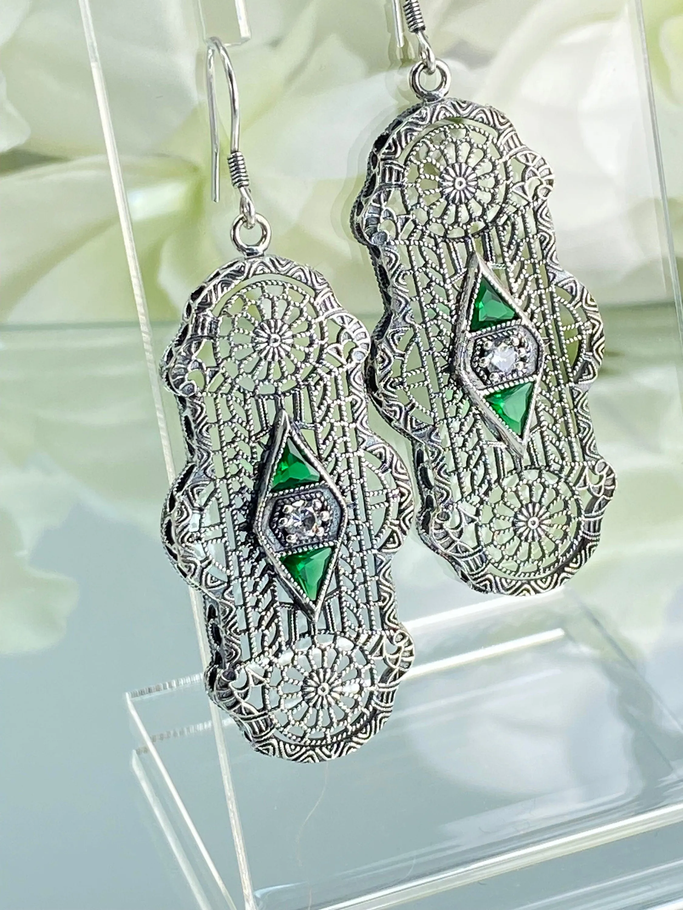 Emerald Earrings, Art Deco 1930's Filigree E60
