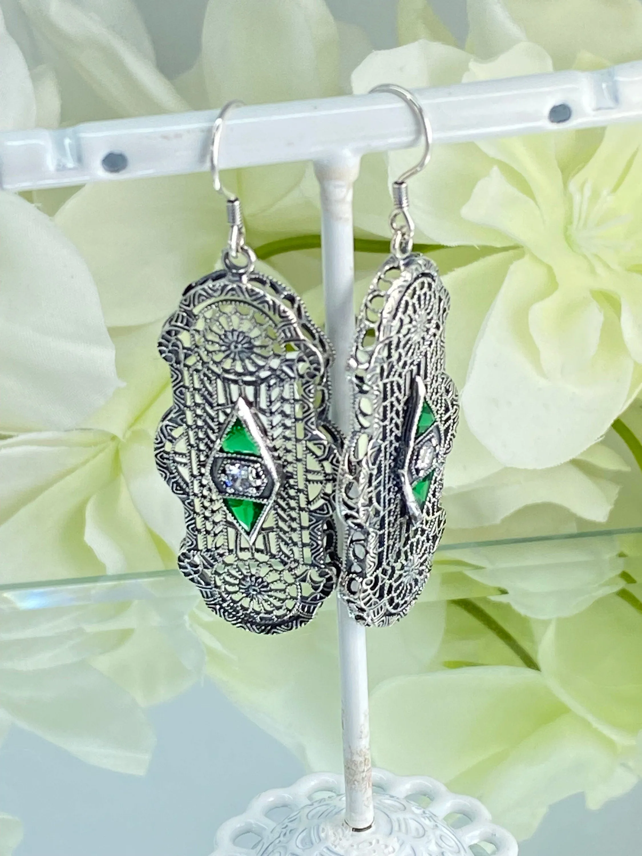 Emerald Earrings, Art Deco 1930's Filigree E60