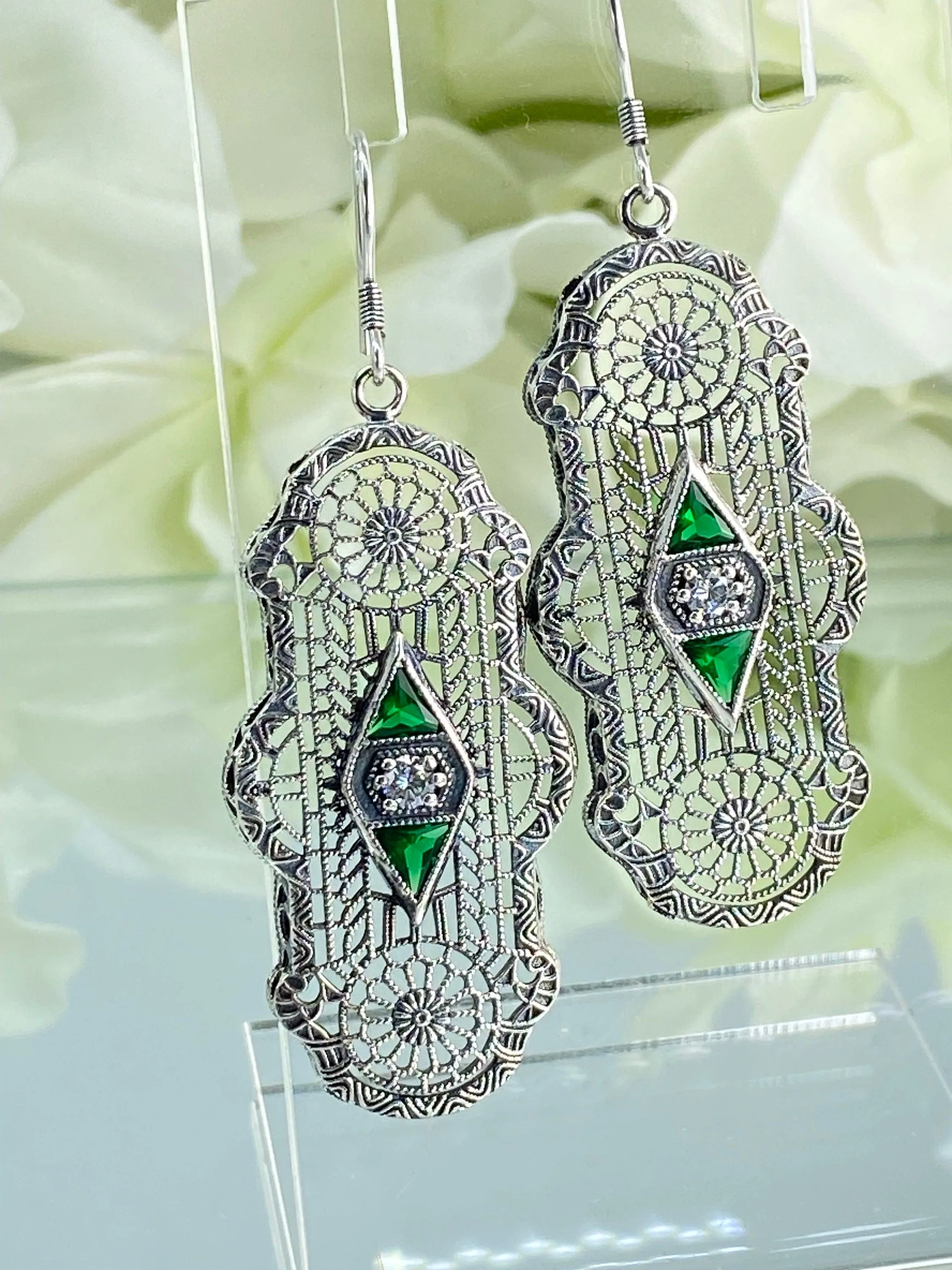 Emerald Earrings, Art Deco 1930's Filigree E60