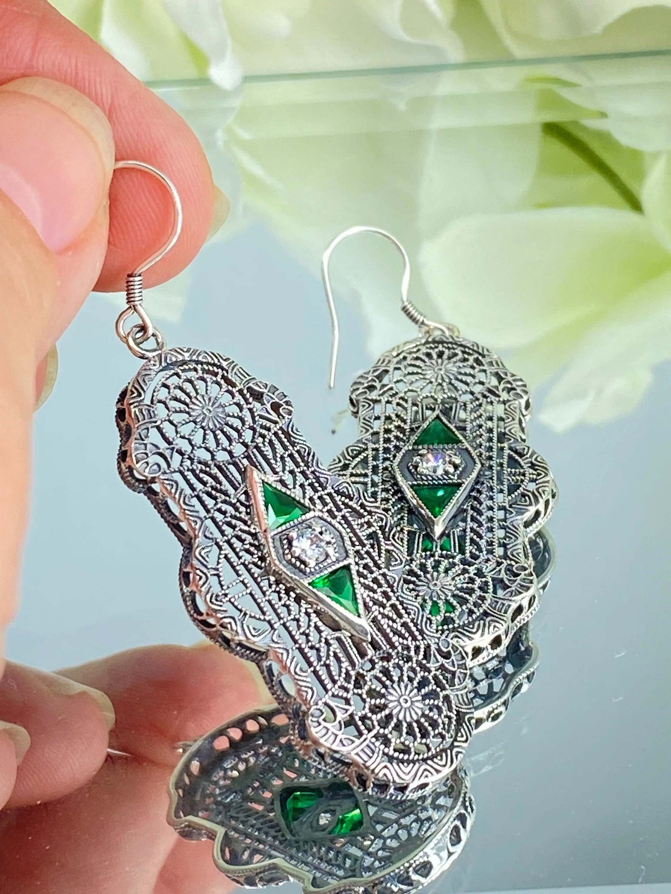 Emerald Earrings, Art Deco 1930's Filigree E60