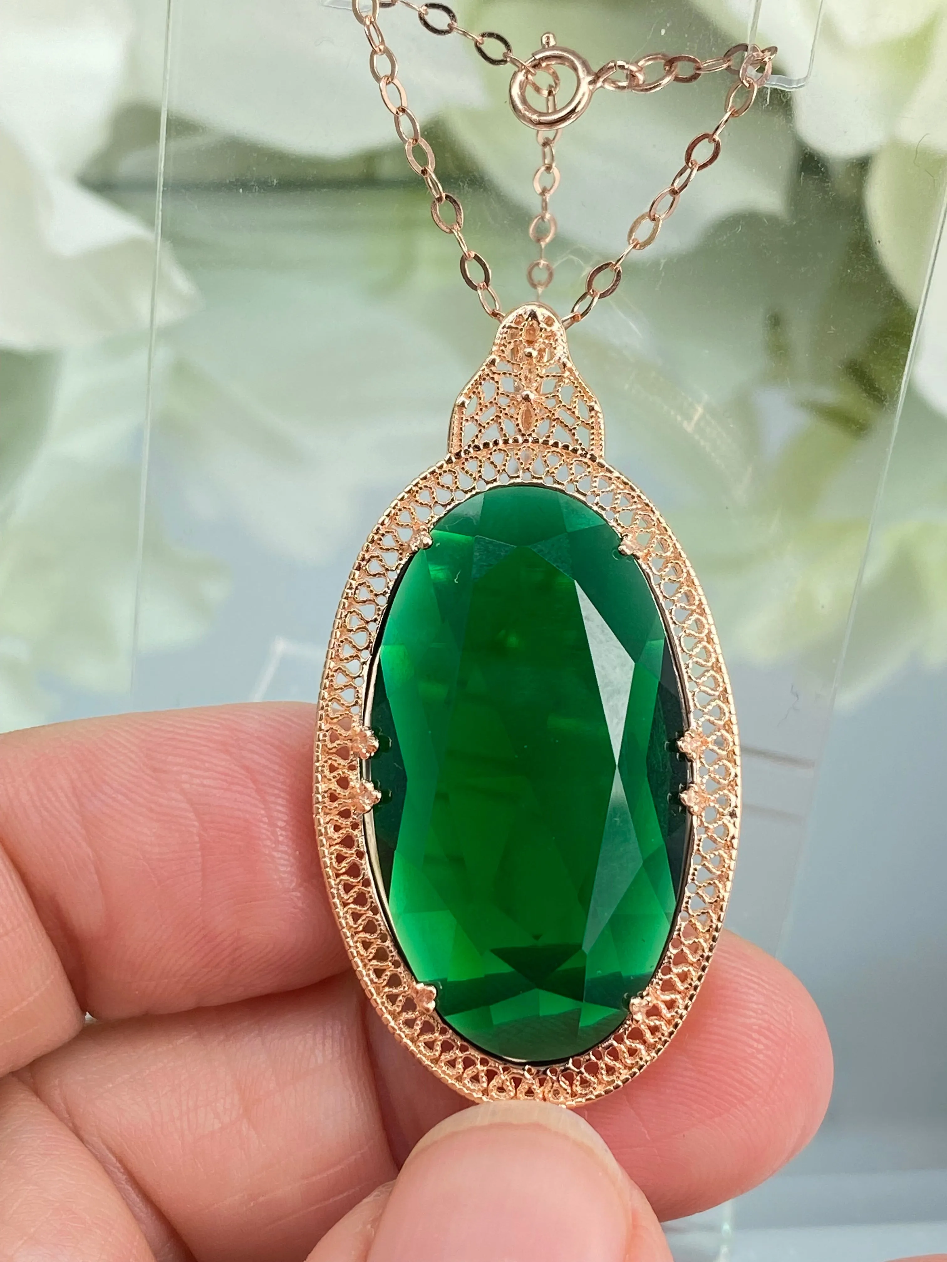 Emerald Pendant, Rose Gold plated over Sterling Silver, Emerald Green Art Deco Necklace #P31 - Ready to Ship