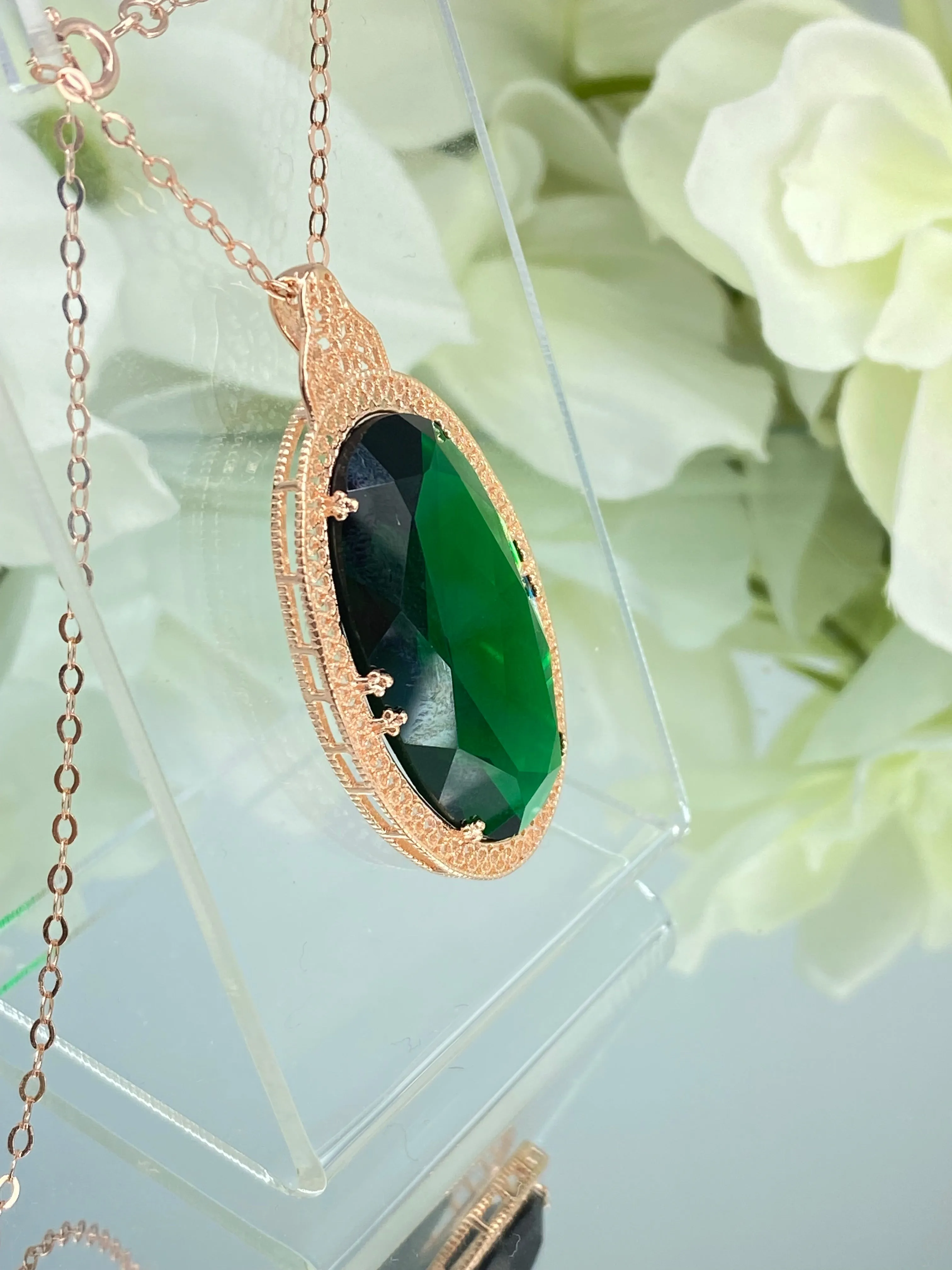 Emerald Pendant, Rose Gold plated over Sterling Silver, Emerald Green Art Deco Necklace #P31 - Ready to Ship