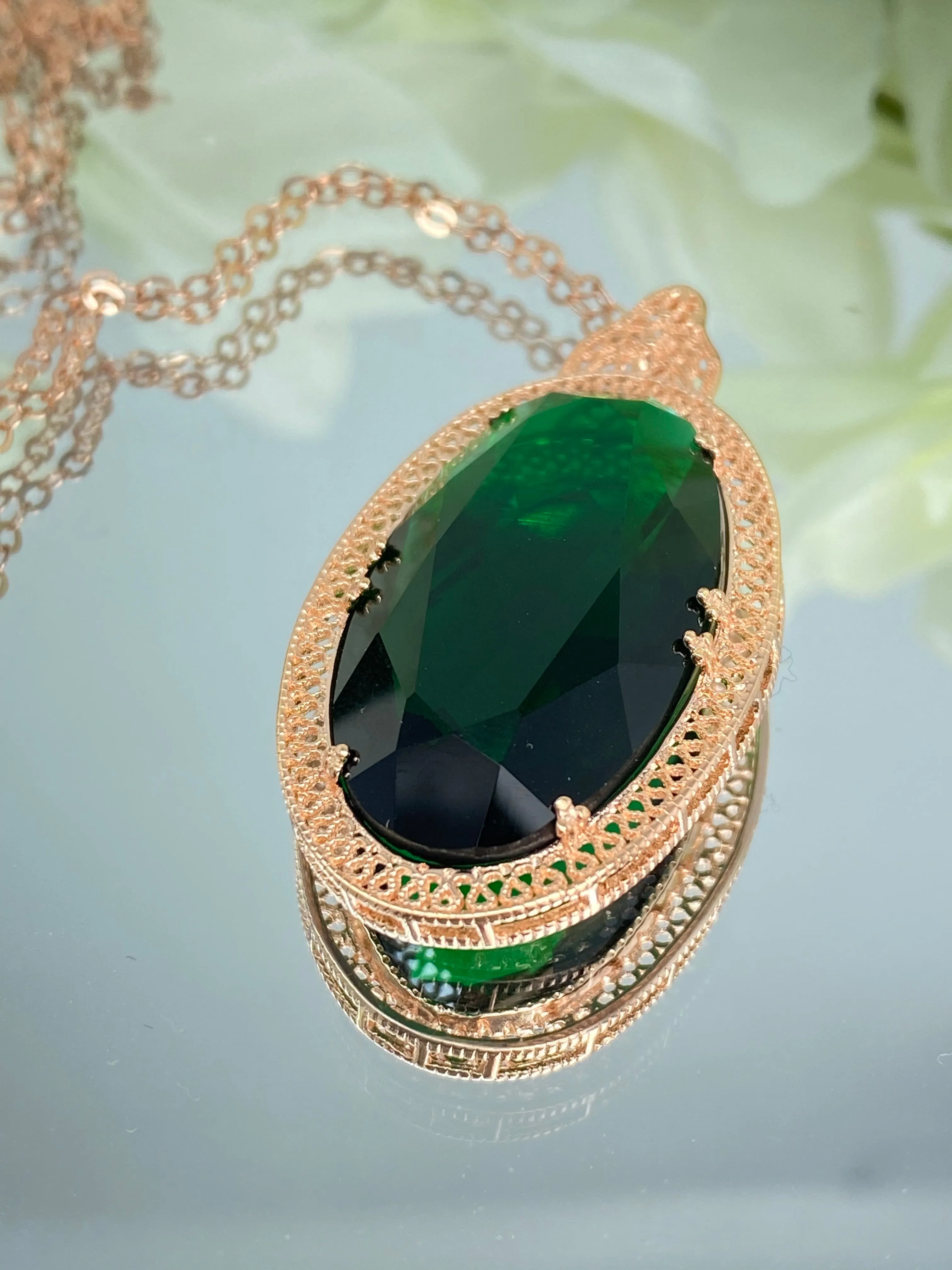 Emerald Pendant, Rose Gold plated over Sterling Silver, Emerald Green Art Deco Necklace #P31 - Ready to Ship