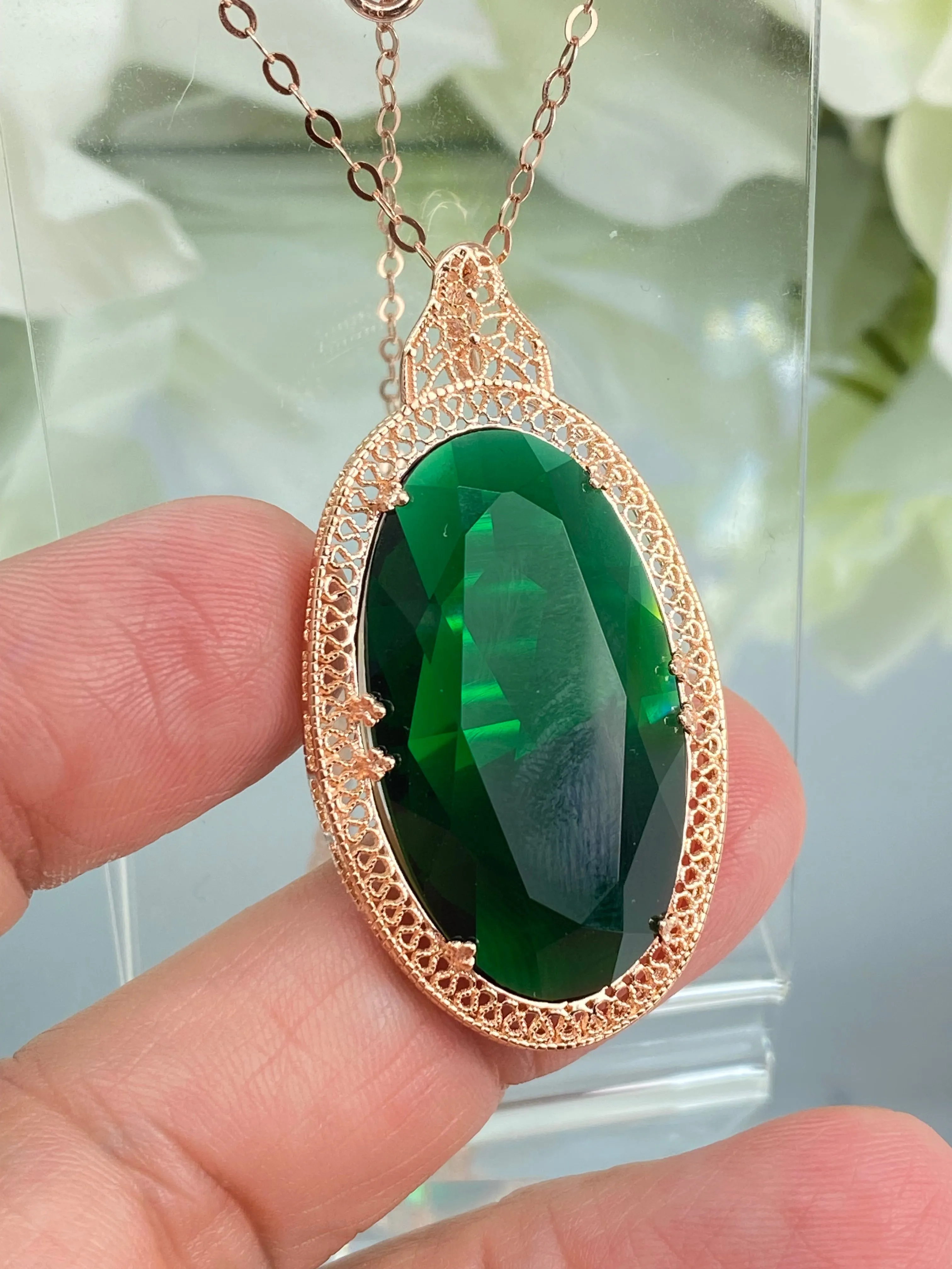 Emerald Pendant, Rose Gold plated over Sterling Silver, Emerald Green Art Deco Necklace #P31 - Ready to Ship