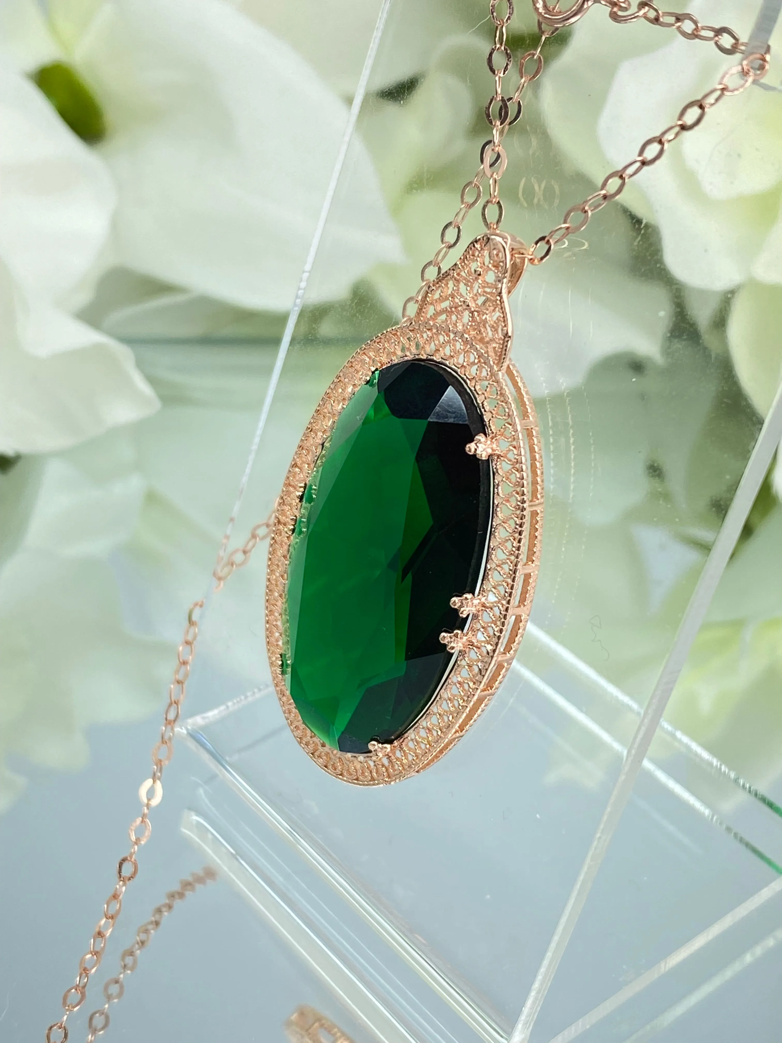 Emerald Pendant, Rose Gold plated over Sterling Silver, Emerald Green Art Deco Necklace #P31 - Ready to Ship
