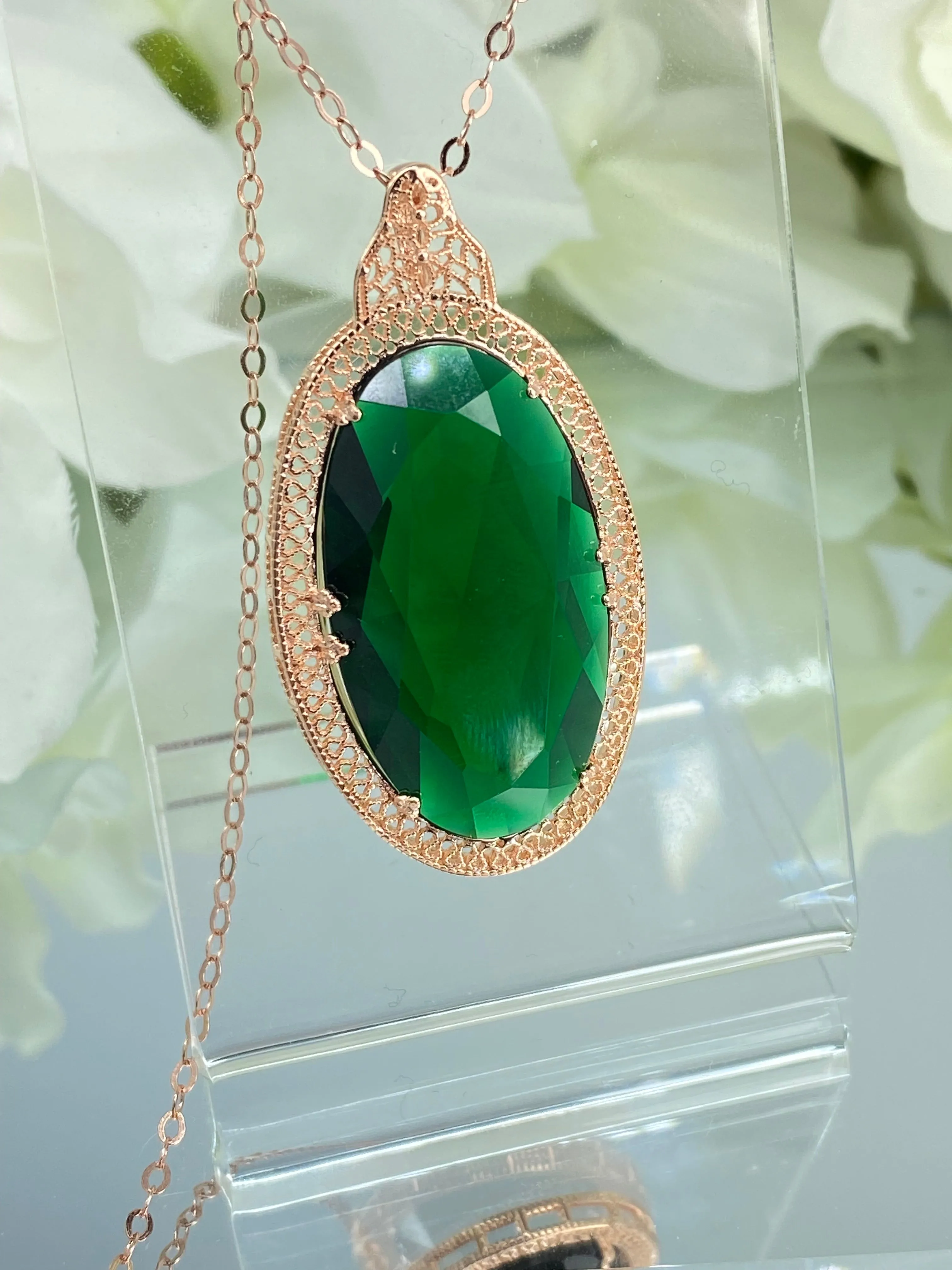 Emerald Pendant, Rose Gold plated over Sterling Silver, Emerald Green Art Deco Necklace #P31 - Ready to Ship