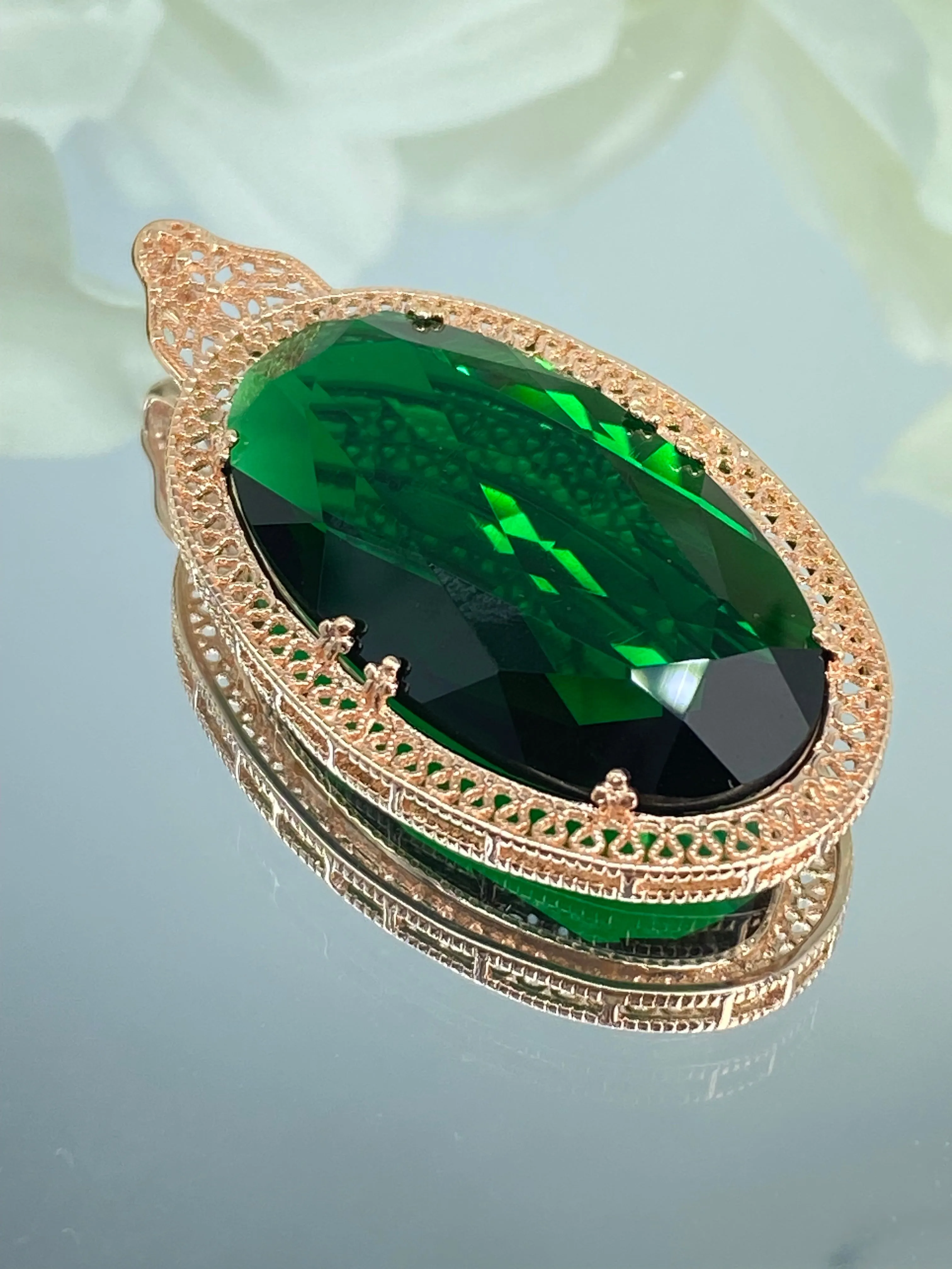 Emerald Pendant, Rose Gold plated over Sterling Silver, Emerald Green Art Deco Necklace #P31 - Ready to Ship