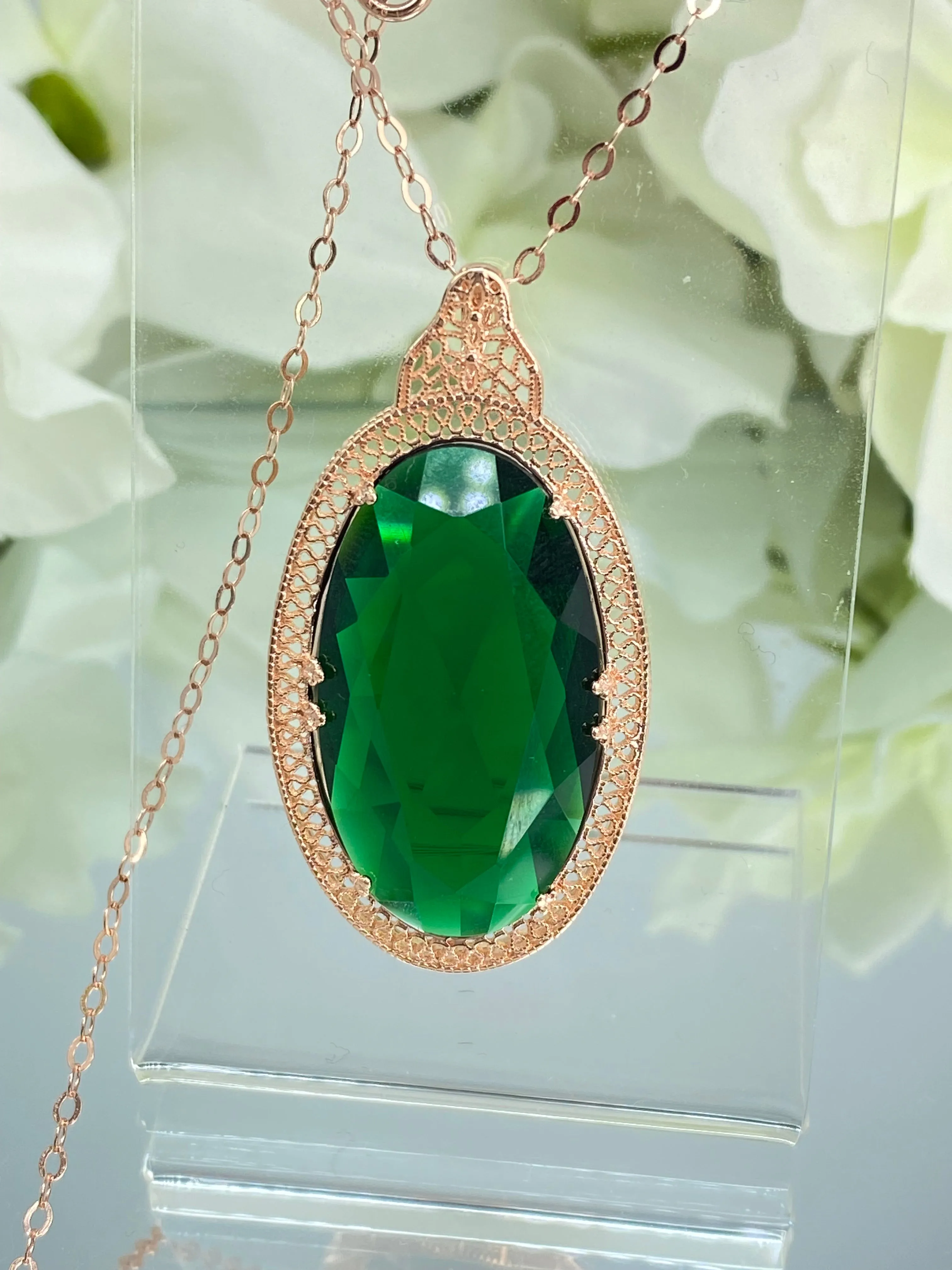 Emerald Pendant, Rose Gold plated over Sterling Silver, Emerald Green Art Deco Necklace #P31 - Ready to Ship