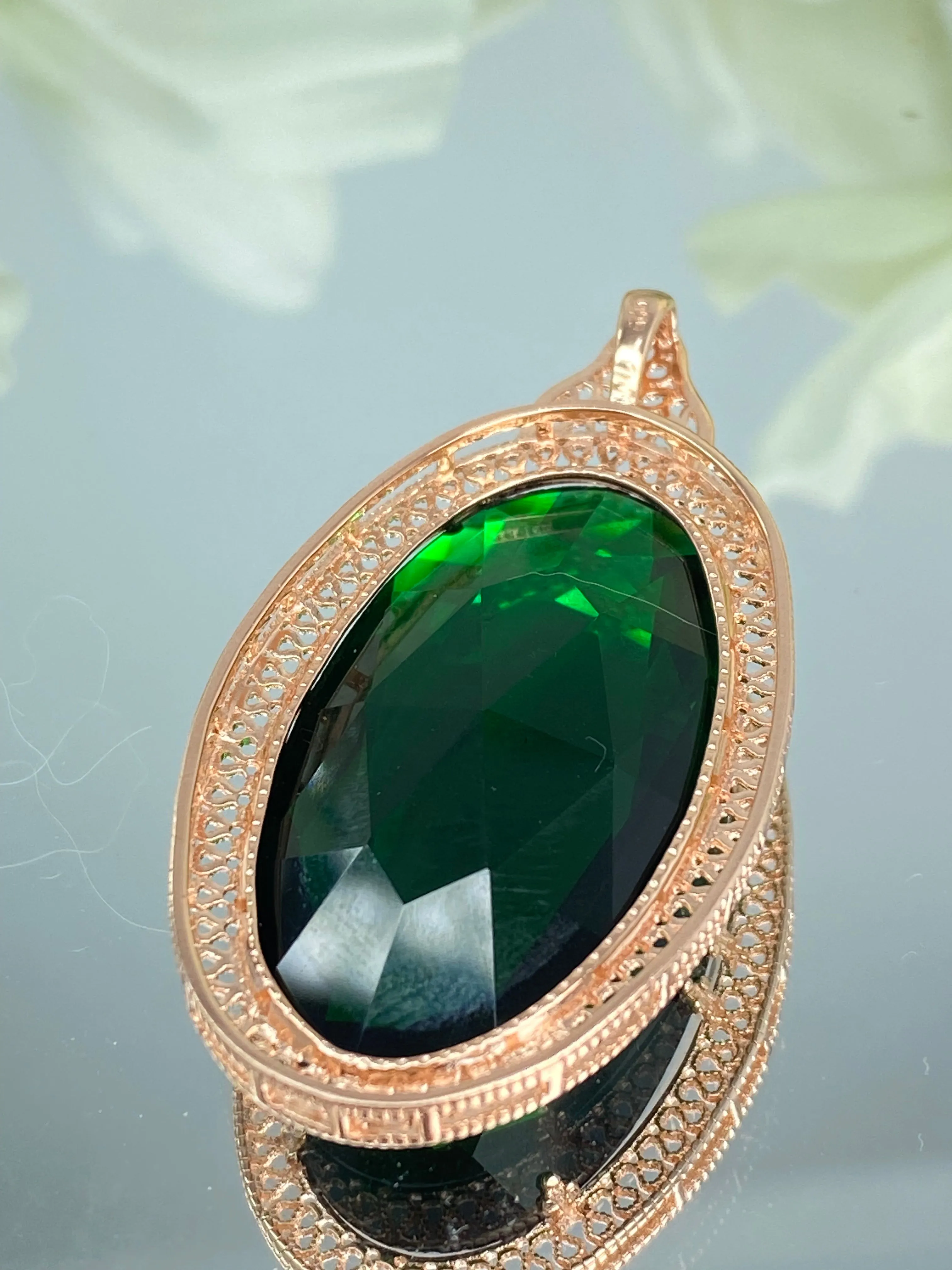 Emerald Pendant, Rose Gold plated over Sterling Silver, Emerald Green Art Deco Necklace #P31 - Ready to Ship