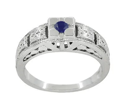 Engraved Art Deco Blue Sapphire Band Ring in Sterling Silver