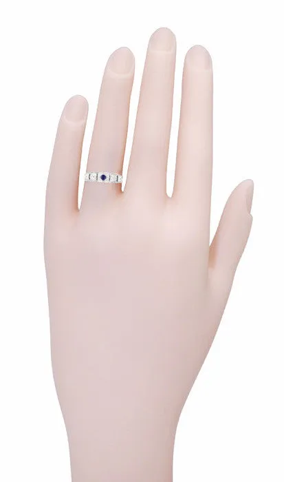 Engraved Art Deco Blue Sapphire Band Ring in Sterling Silver