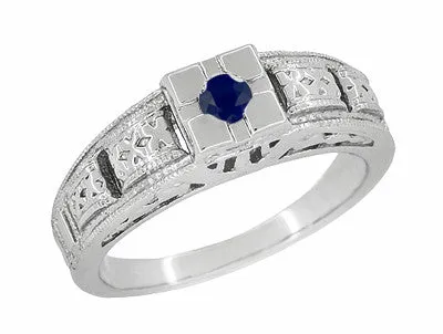 Engraved Art Deco Blue Sapphire Band Ring in Sterling Silver