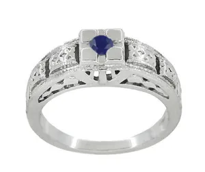 Engraved Art Deco Blue Sapphire Band Ring in Sterling Silver