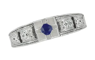 Engraved Art Deco Blue Sapphire Band Ring in Sterling Silver
