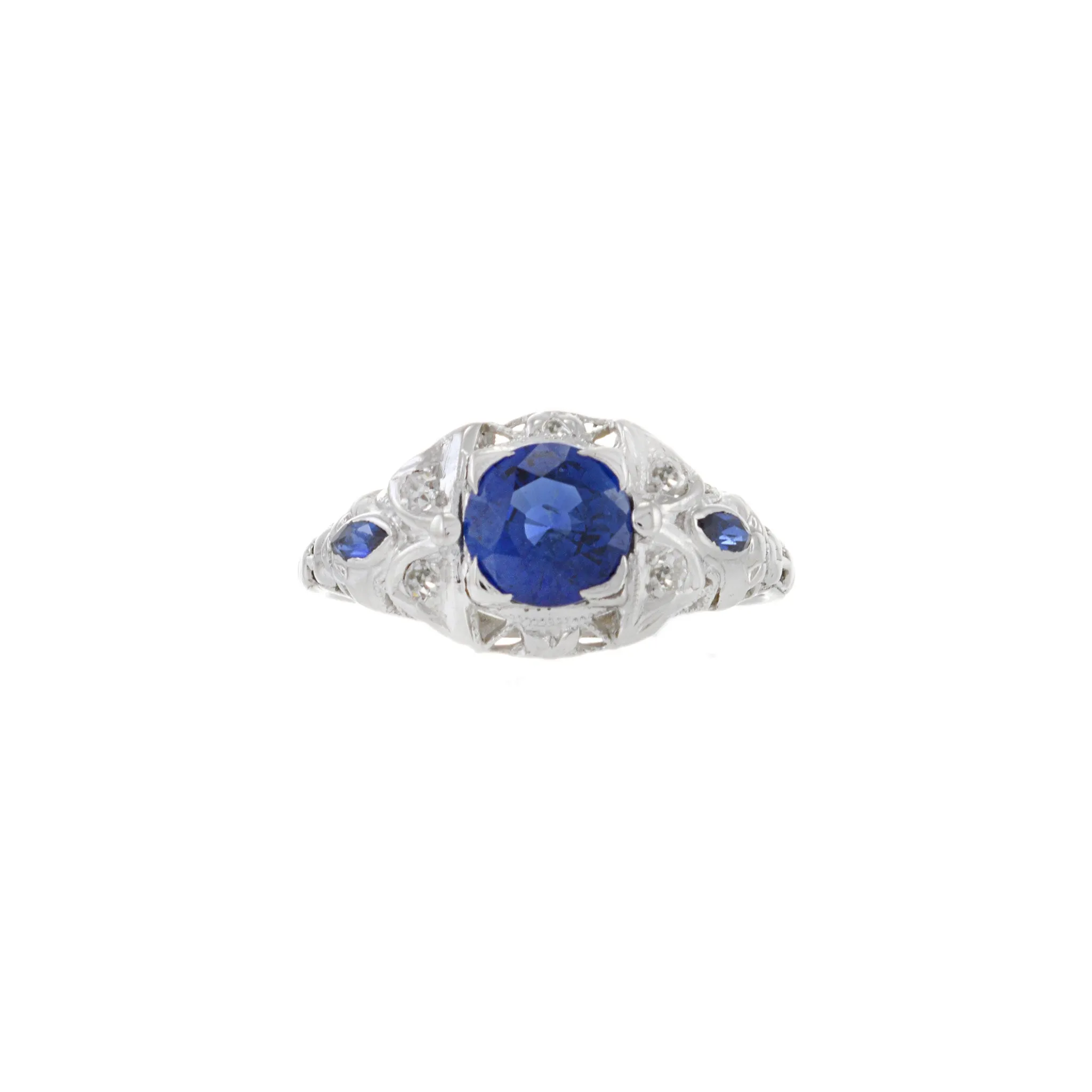 Estate Art Deco 18KT White Gold Sapphire And Diamond Ring