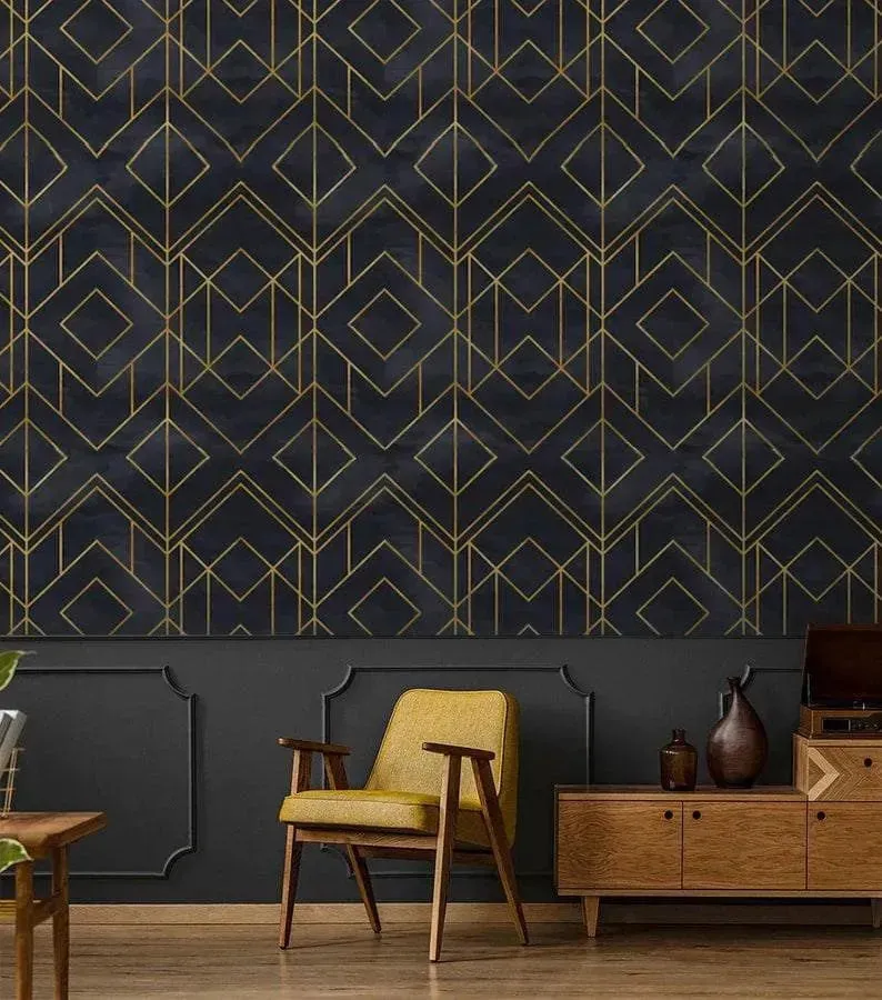 Faux Gold and Black Art Deco Geometric Square Wallpaper