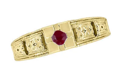 Floral Carved Art Deco Ruby Filigree Ring in 14 Karat Yellow Gold