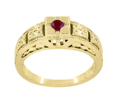 Floral Carved Art Deco Ruby Filigree Ring in 14 Karat Yellow Gold