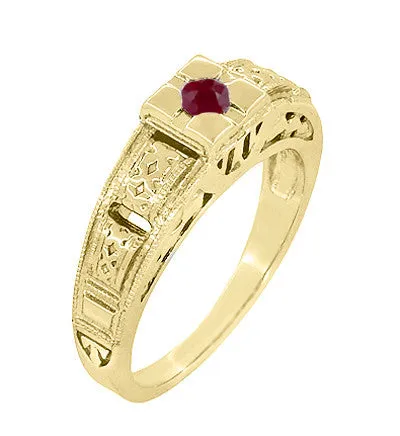 Floral Carved Art Deco Ruby Filigree Ring in 14 Karat Yellow Gold