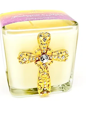 Frankincense and Myrrh Jeweled Cross Candle - Gold  3 1/2"
