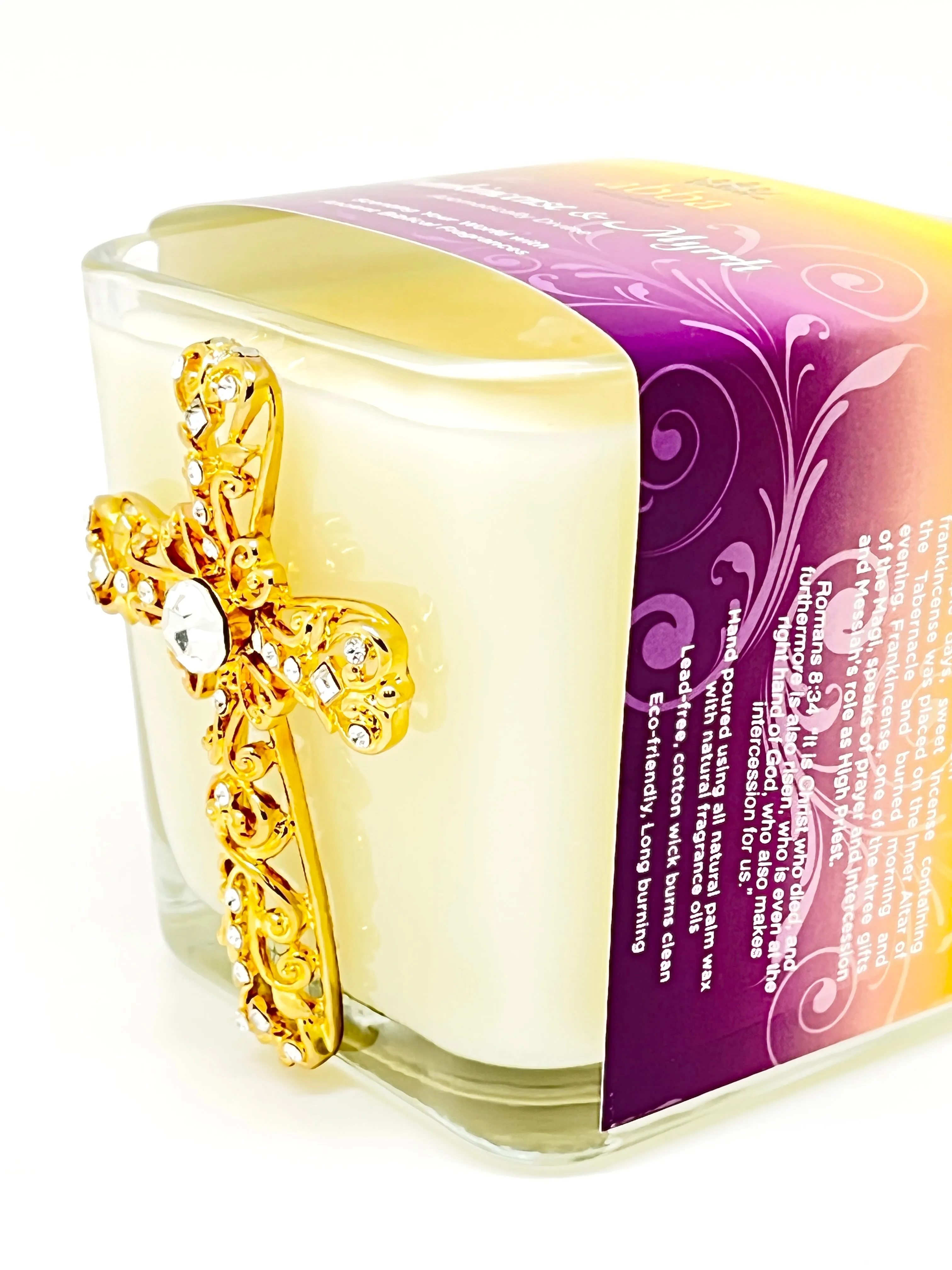 Frankincense and Myrrh Jeweled Cross Candle - Gold  3 1/2"