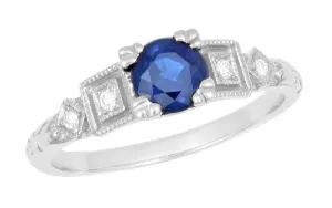 Geometric Art Deco Sapphire Engagement Ring in 18 Karat White Gold with Diamonds