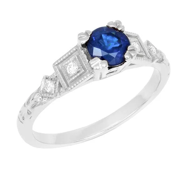 Geometric Art Deco Sapphire Engagement Ring in 18 Karat White Gold with Diamonds