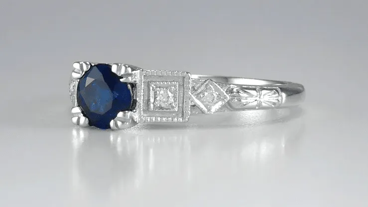 Geometric Art Deco Sapphire Engagement Ring in 18 Karat White Gold with Diamonds