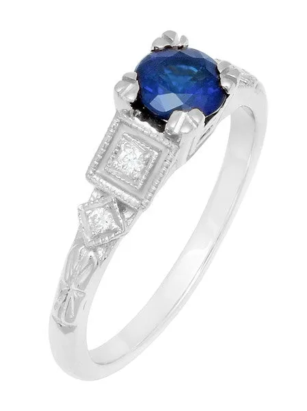 Geometric Art Deco Sapphire Engagement Ring in 18 Karat White Gold with Diamonds