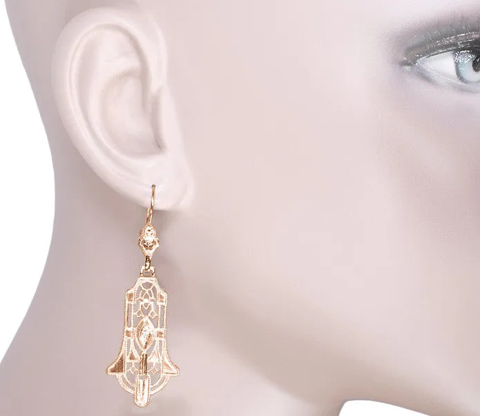 Geometric Dangling Art Deco Rose Gold Vermeil Sterling Silver Filigree Diamond Earrings