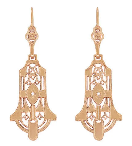 Geometric Dangling Art Deco Rose Gold Vermeil Sterling Silver Filigree Diamond Earrings