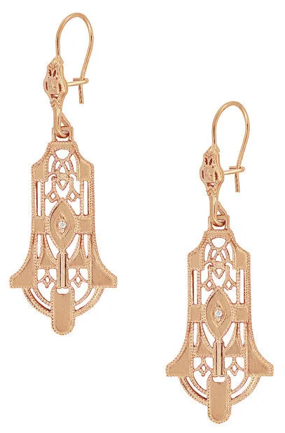 Geometric Dangling Art Deco Rose Gold Vermeil Sterling Silver Filigree Diamond Earrings