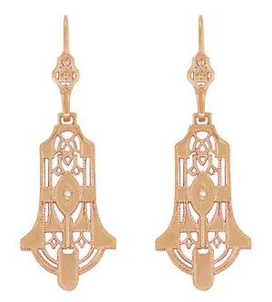Geometric Dangling Art Deco Rose Gold Vermeil Sterling Silver Filigree Diamond Earrings