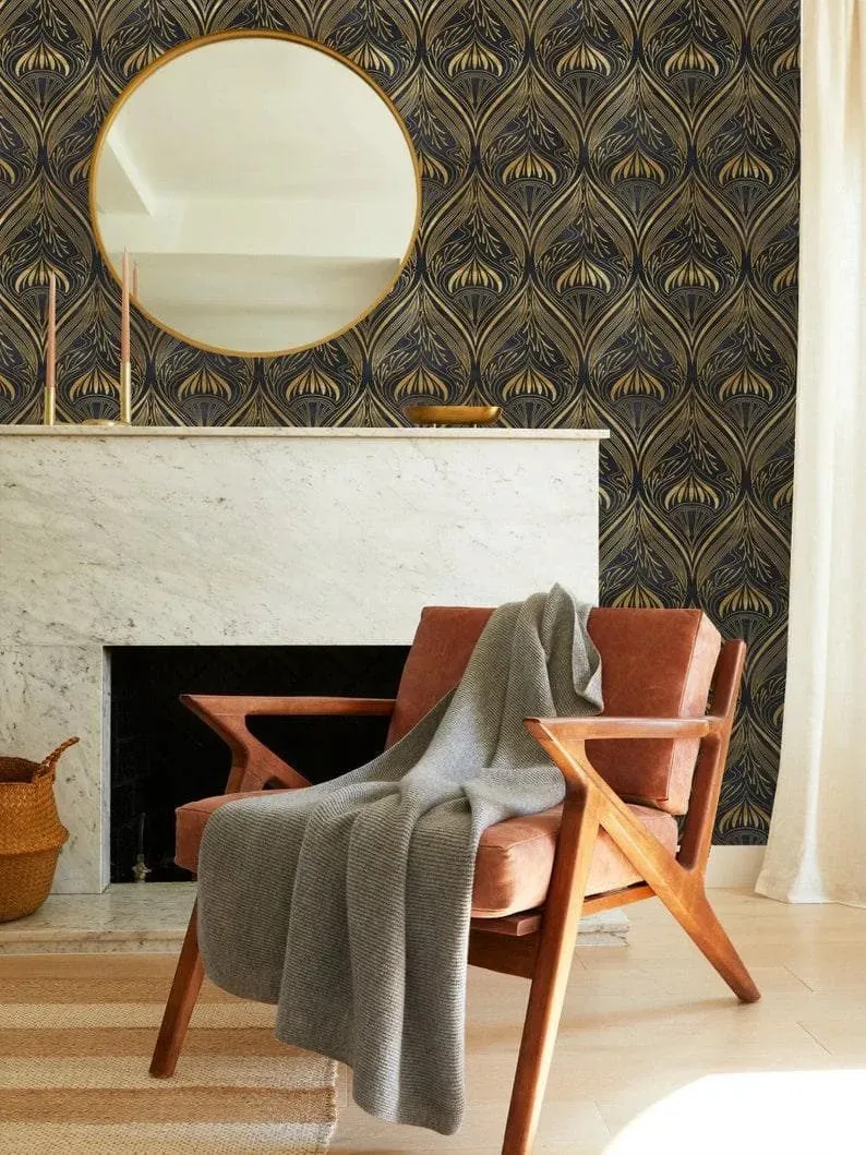 Gold and Black Watercolor Art Deco Pattern Wallpaper
