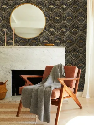 Gold and Black Watercolor Art Deco Pattern Wallpaper