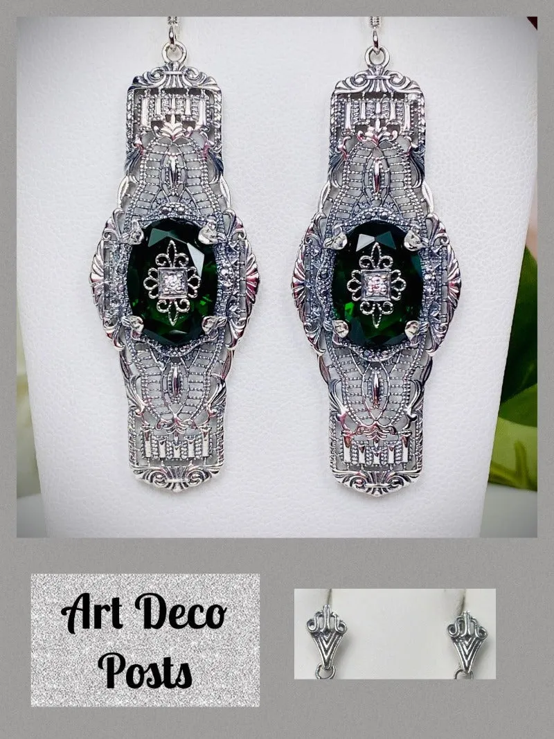 Green Emerald Earrings, Embellished Gems, Oval Castle, Elegant Vintage Jewelry #E4e