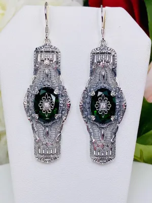 Green Emerald Earrings, Embellished Gems, Oval Castle, Elegant Vintage Jewelry #E4e