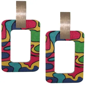 Green Pink Multicolor Art Deco Pattern Rectangle Wooden Earrings